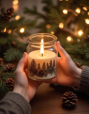 A person holds a lit candle with a pine cone design