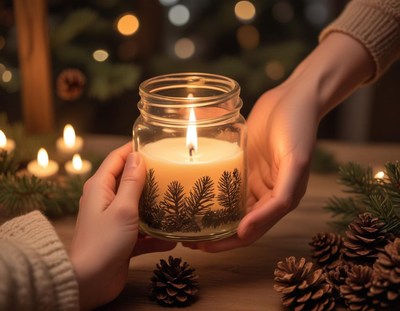A person holds a candle with a pine tree design