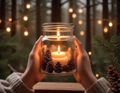 A hand holds a candle in a jar, surrounded by pine cones