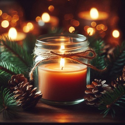 A lit candle in a glass jar is placed on a wooden table