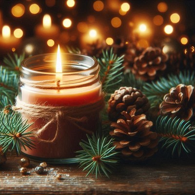 A lit candle sits amongst pine branches and pinecones