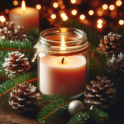 A lit candle sits in a jar with pine branches