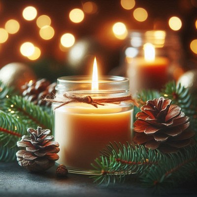 A candle burns brightly among pine branches and pinecones