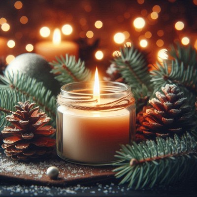 A candle burns brightly among pine branches