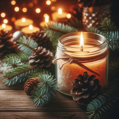A lit candle sits surrounded by pine branches and pinecones