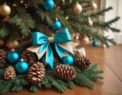 Teal Bow with Pine Cones Christmas Ornaments