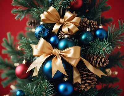 Christmas tree with blue ornaments and gold bows