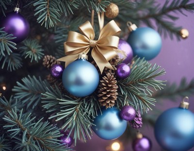 Christmas tree with purple blue ornaments