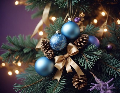 Blue Christmas baubles on decorated tree