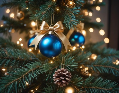 Blue Christmas Ornaments on Lit Tree