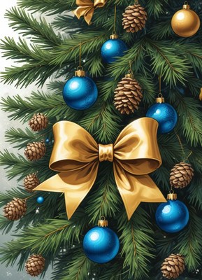 Close-up of a christmas tree with blue ornaments