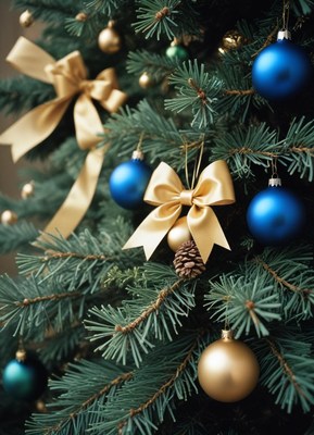 Gold bow adorns a blue and gold christmas tree