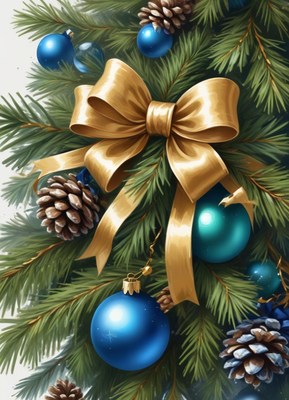 A golden bow adorns a christmas tree branch