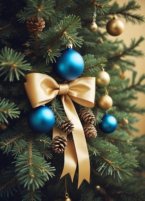 A blue ornament hangs on a christmas tree with a gold bow