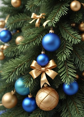 Blue and gold ornaments decorate a christmas tree