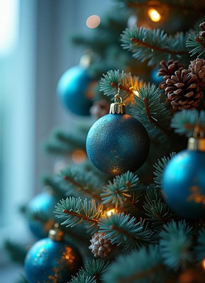 A blue ornament hangs on a christmas tree