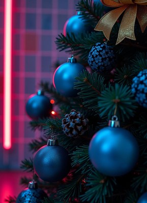Blue ornaments adorn a christmas tree