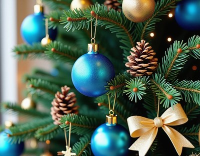 Blue ornaments adorn a christmas tree