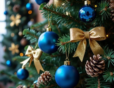 Blue ornaments adorn a christmas tree