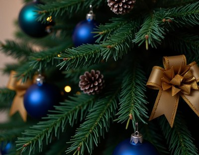 A blue ornament hangs on a christmas tree