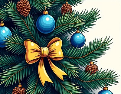 A yellow bow adorns a christmas tree