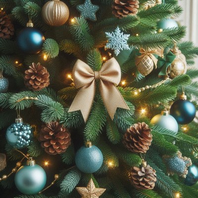 Blue ornamented christmas tree with pine cones