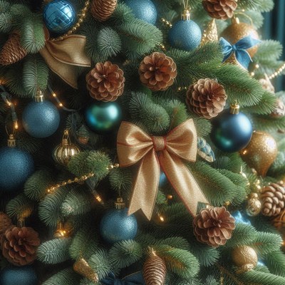 Close-up of a blue and gold christmas tree