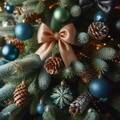 Close-up of a christmas tree with blue ornaments