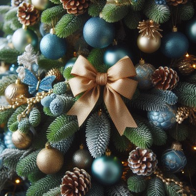 A gold bow adorns a christmas tree with blue ornaments
