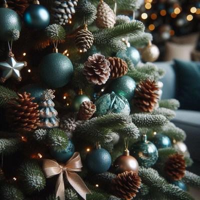 Christmas tree with blue ornaments and pine cones