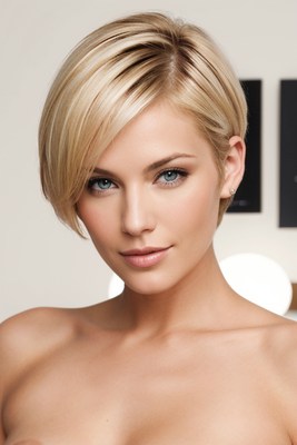 A woman with blonde hair stares into the camera