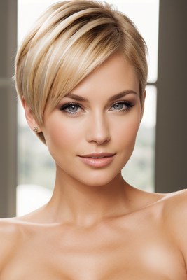 Blonde-haired woman with blue eyes gazes at camera