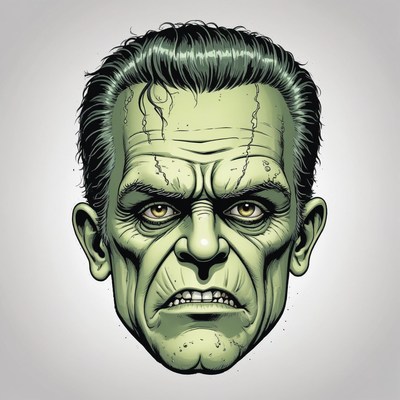 The image is a close-up portrait of a monster's face