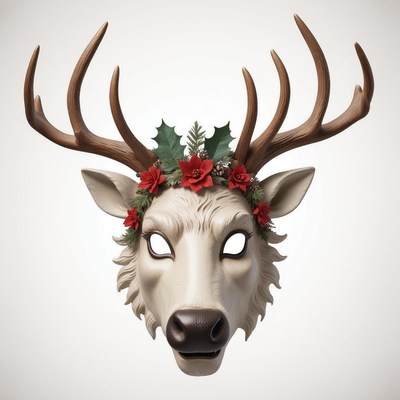 A white deer mask with antlers and a floral wreath