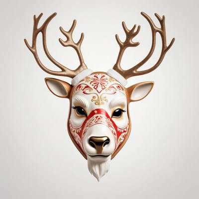 A reindeer mask with intricate red and gold designs