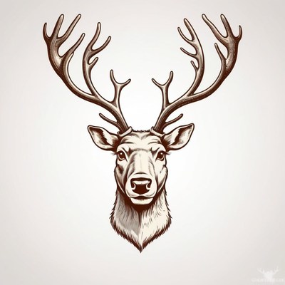 A detailed illustration of a deer's head with large antlers