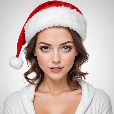 A woman wearing a santa hat looks at the camera