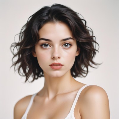 Woman with wavy black hair gazes at camera