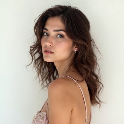 A woman with brown hair looks over her shoulder