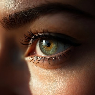 A close-up of a woman's eye looking to the side