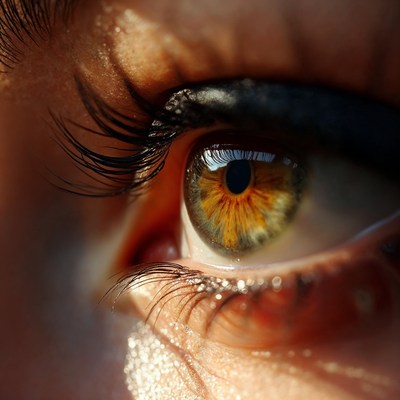 A close-up of a brown eye with long eyelashes