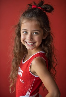 Smiling girl in red cheerleader uniform