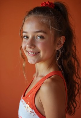 Girl smiling in sparkly orange tank top