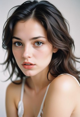 Woman in a white tank top gazes at the camera