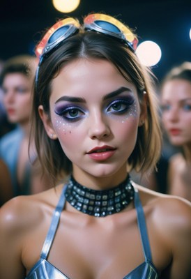 Woman with bold makeup and goggles gazes at camera