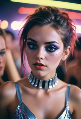A woman with bright makeup looks at the camera in a club