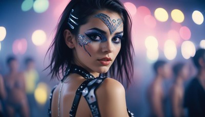 A woman with black hair and blue makeup looks at the camera