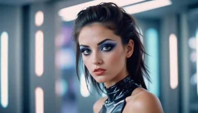 Woman with bold blue makeup in futuristic setting