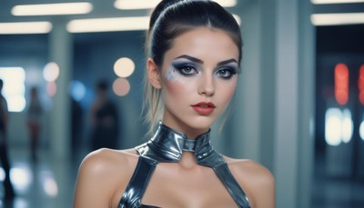 A woman with silver makeup looks at the camera