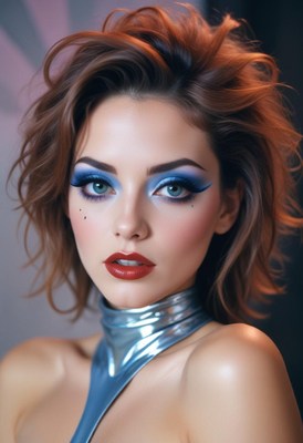 A woman with blue eyeshadow poses for a portrait